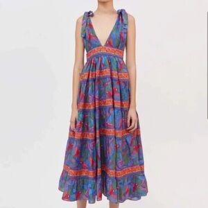 HOUSE OF HARLOW 1960 Tahiti Parrot Maxi Dress Womens Blue Tiered V-Neck Boho M